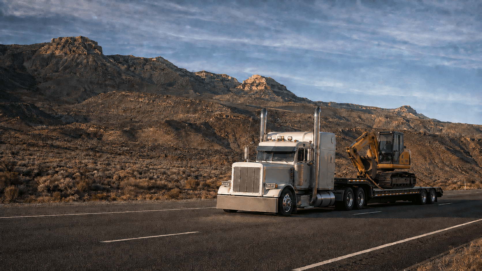Semi-truck hauling heavy equipment through a Western mountain and desert landscape.
